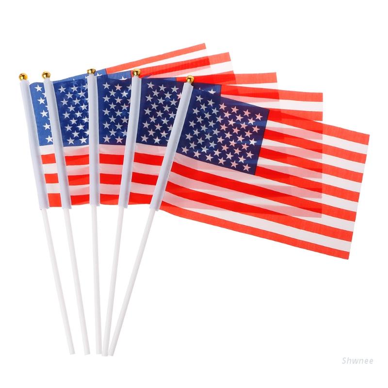 Shwnee 5 Pcs Mini American US USA National Flags Hand Waving Small Banner Poles