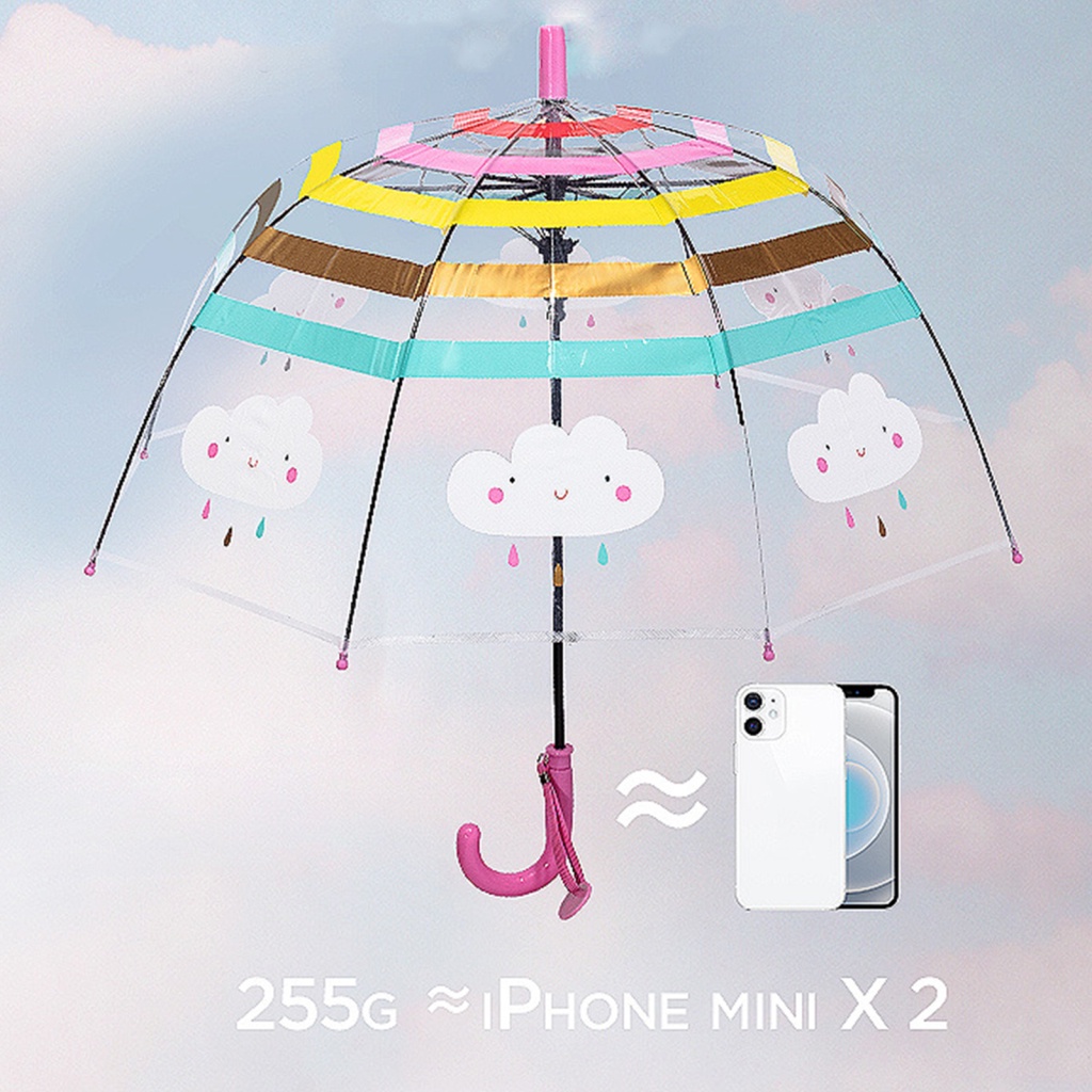 [READY STOCK] Automatic Cartoon Kid's Transparent Umbrella Long Handle Cute Rainbow Cloud Arched