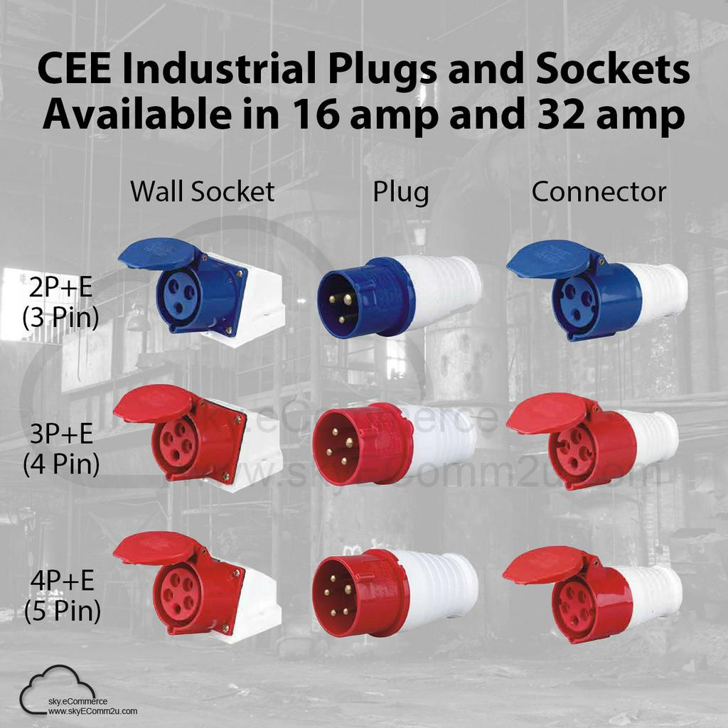 CEE INDUSTRIAL PLUG WALL SOCKET CONNECTOR 16A 32A 3 PIN 4 PIN 5 PIN ...