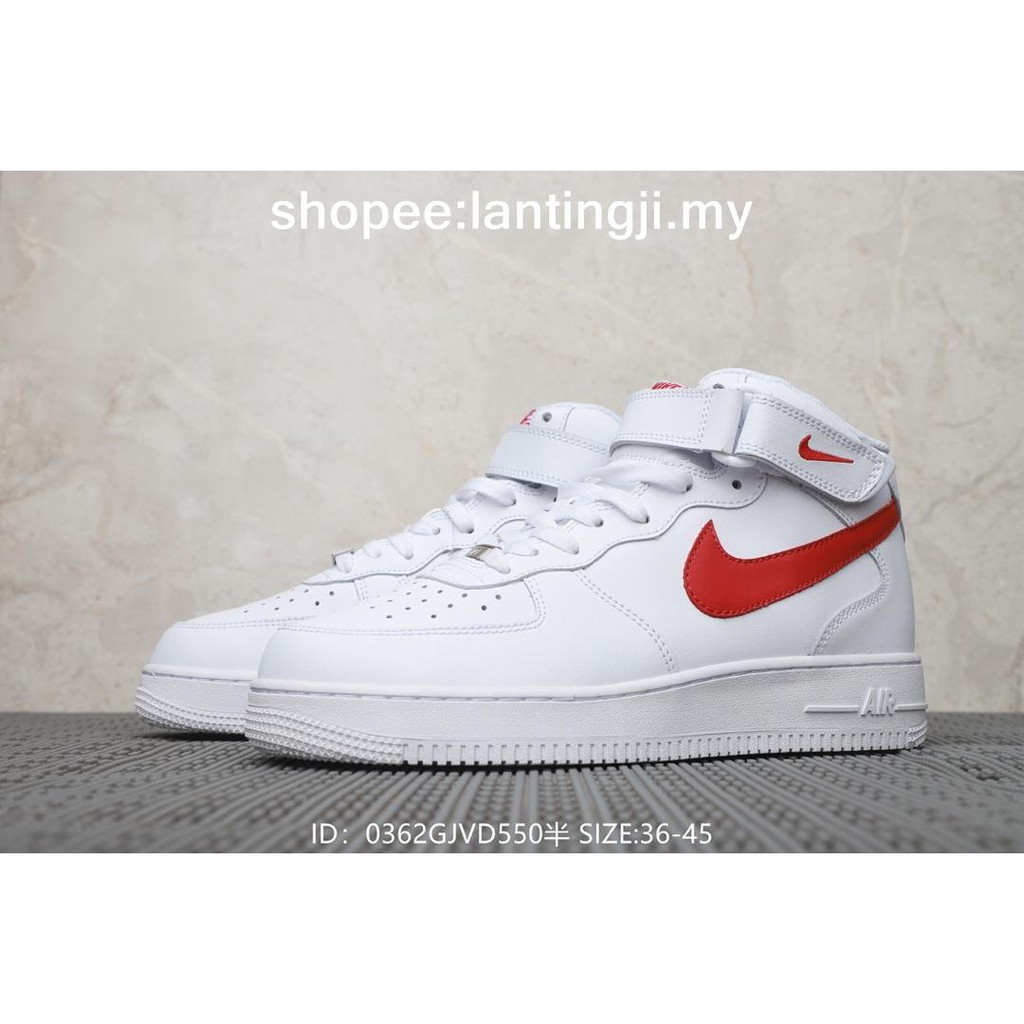 white and red high top air force ones
