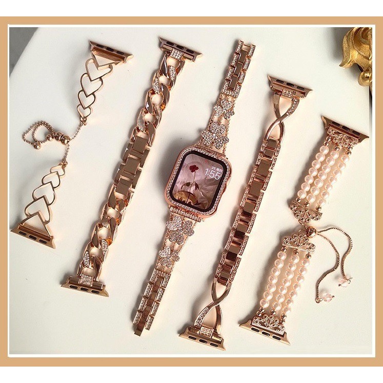 Luxury Strap Compatible for Watch Strap All Kinds of Rose Gold Stainless Steel watch strap Bling Diamonds Metal Bracelet Strap Watch 8 Strap Diamond Design For Watch Series 9 8 7 6 5 4 3 2 1 , se, se2, Ultra Strap