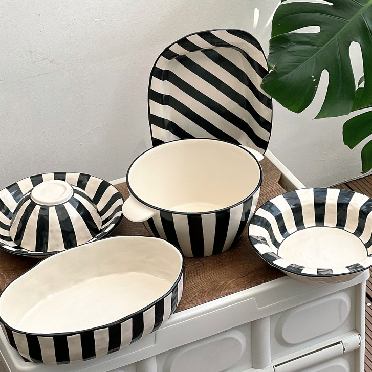 ❤Molly Preferred Irregular Hand-Pinched Black White Striped Ceramic Tableware Underglaze Color Soup Bowl Double-Ear Rice Noodle