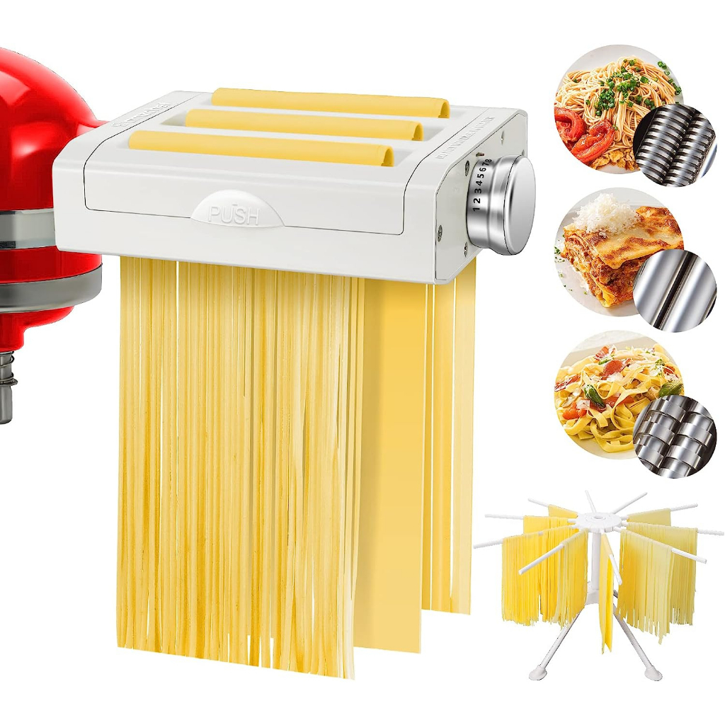 Pasta Maker Attachment for Kitchenaid Mixers,AMZCHEF 3 in 1 Set of Kitchen aid Pasta Maker Accessories with Pasta Drying Rack, Included Cleaning Brush