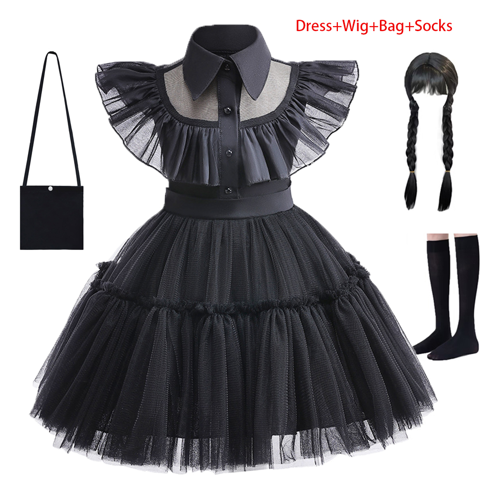 Addams Wednesday Cosplay Dress Black Baby Girls Mesh Costume 1-7 Years