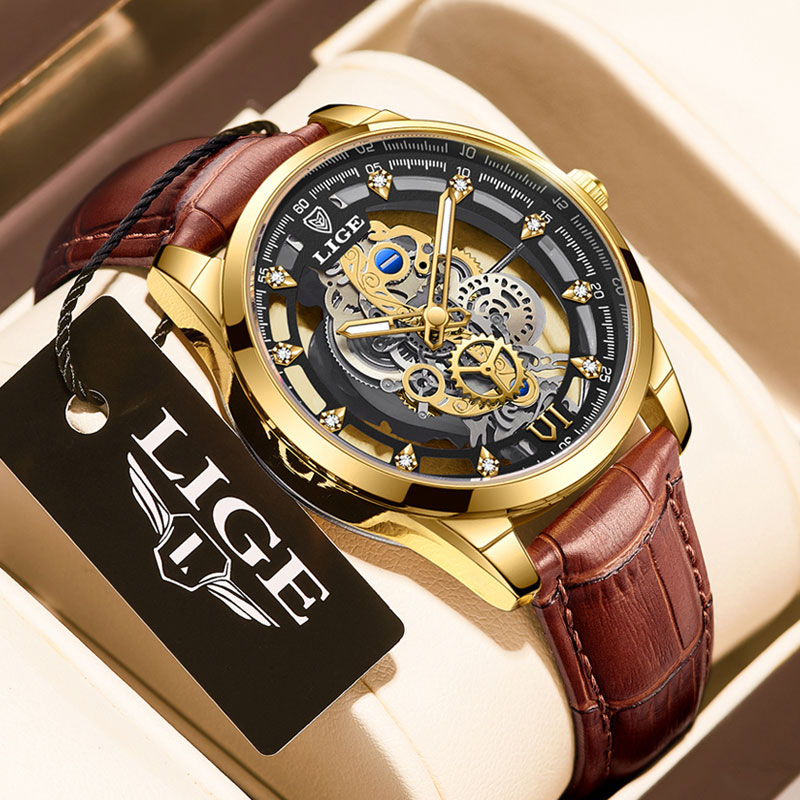 LIGE Jam Tangan lelaki Skeleton Watch Luminous Tech Sense Chronograph Casual Business Leather Strap Watch