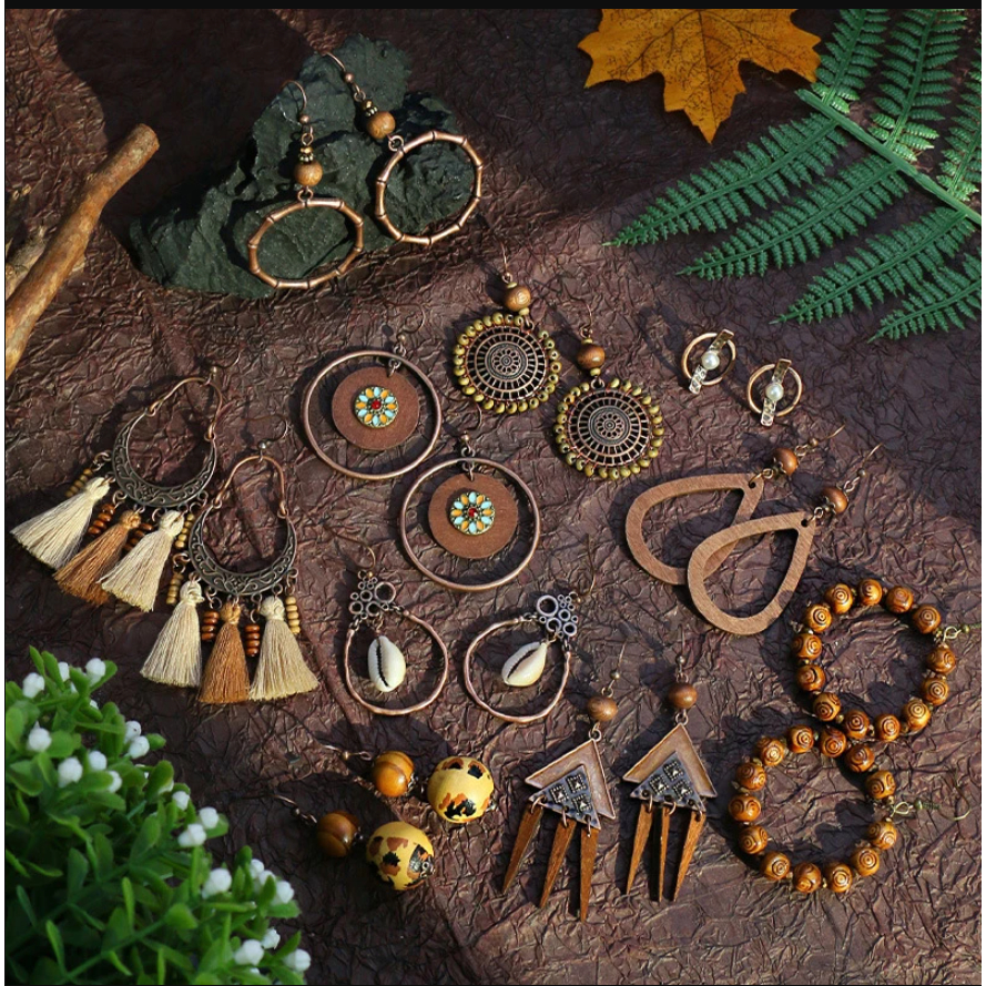 New Bohemian Wooden Earrings For Women With Beads Handmade Round Ethnic Vintage Wood Earrings Jewelry