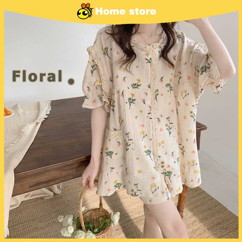 ?Ready Stock?Pajamas summer lace women nightdress girls summer sweet girls summer floral lace short sleeved summer ins sweet girls homewear suit Baju tidur wanita