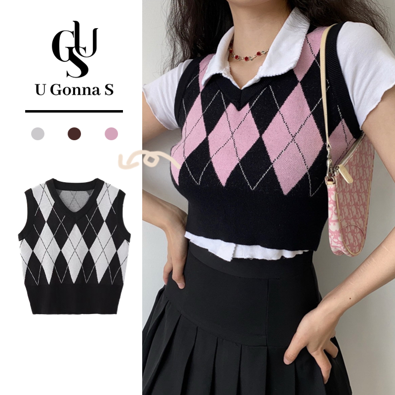 【 Malaysia Stock】 Women Knit Vest Knitted Vest Gilet V-neck Plaid Knitted Sleeveless Vest Top Korean Retro Style Fashion Sexy Vintage Elegante 女士针织马甲