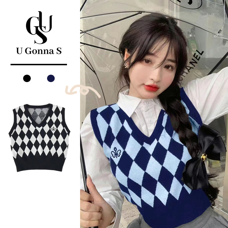 U Gonna S Women Vests Gilet 2 Colors V-neck Bodycon Knitted Short Korean Designed Simple Cute Fashion Vintage Classic Plaid Casual