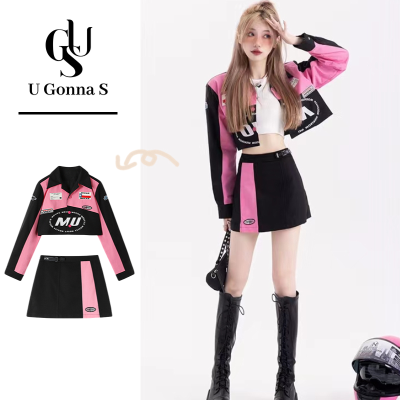 U Gonna S Women Set Bodycon Long Sleeve Coat+MiNi Skirt Motorcycle Suit Racing Suit Designed Korean Fashion Vintage High Waist Classic Sexy for Sport Casual