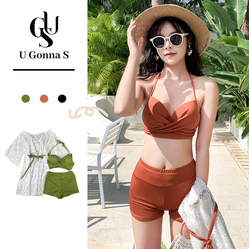 U Gonna S Halter Bikini Swimsuit Woman Bikini Set Beachwear Sexy Swimwear Swimsuits 3 Colors Kasut Renang Wanita Cover Up Swimwear 3 Piece With Bra Pad Simple Korean Designed Fashion Elegant Solid Color Elastic 2023 女式泳衣泳装