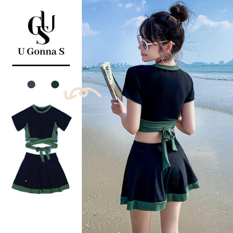 Bikini Swimsuit Woman Bikini Clothing Set Beachwear Swimwear Cover Up Swimwear 2 Colors Kasut Renang Wanita Ready Stock Swimming Suit 2PCS Split Sexy Murah Short Sleeves Korean Beach Wear Professional Sports Boxer Split Top Student 2023 女式泳衣泳装