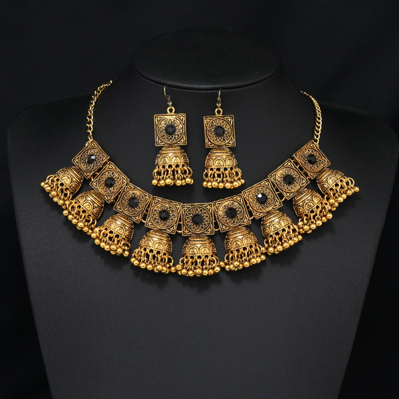 Afghan Vintage Tribal Gold Color Statement Collar Choker Indian Necklace Earring Sets Geometric Bell Tassel Coin Necklaces