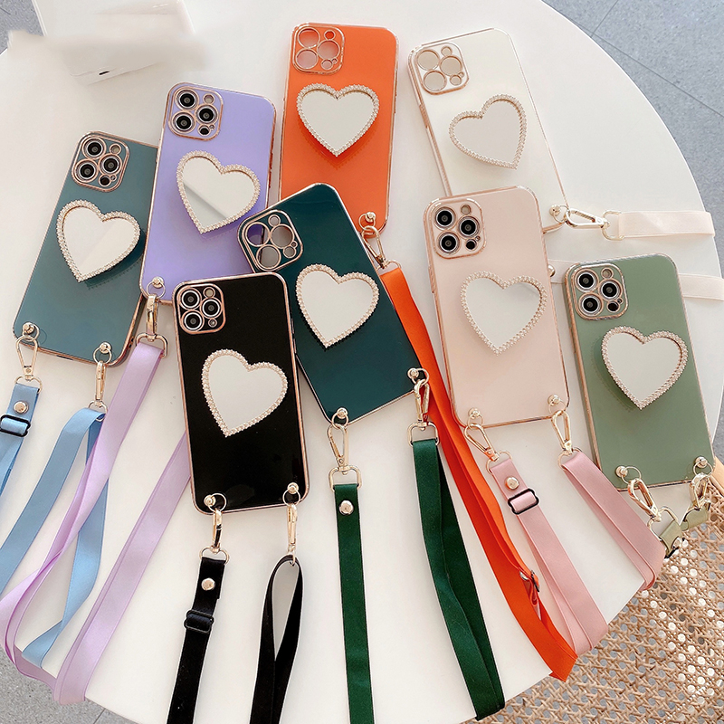 3D Plating Mirror holder Necklace Lanyard Crossbody soft phone case Compatible For iPhone 11 12 13 14 Pro Max 14 plus