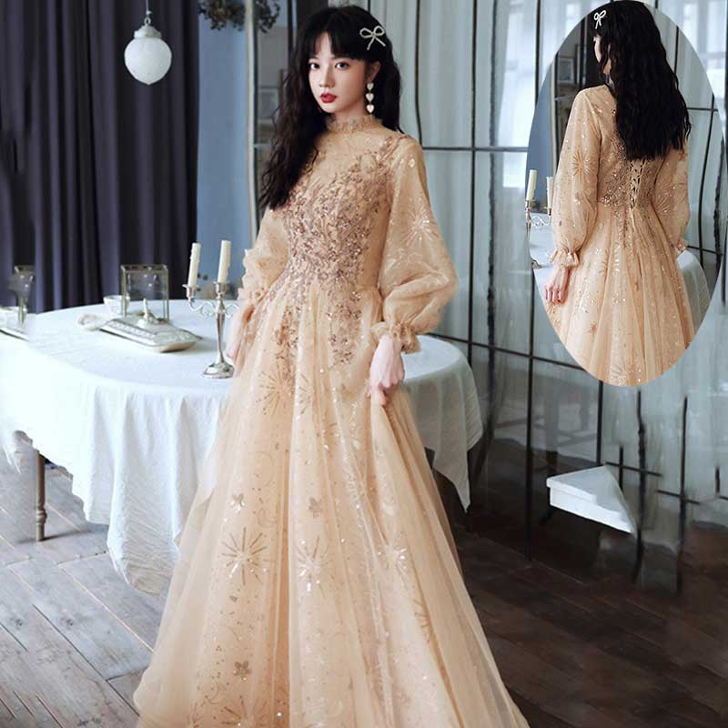 Customise Women Celebrity Party Champagne Sequin Maxi Dress Muslim Long Sleeve Tulle Gown Bridesmaid Evening Dress Birthday Party Banquet Toast Dress Piano Performance Tulle Gown Annual Meeting Host Slim Long Dress