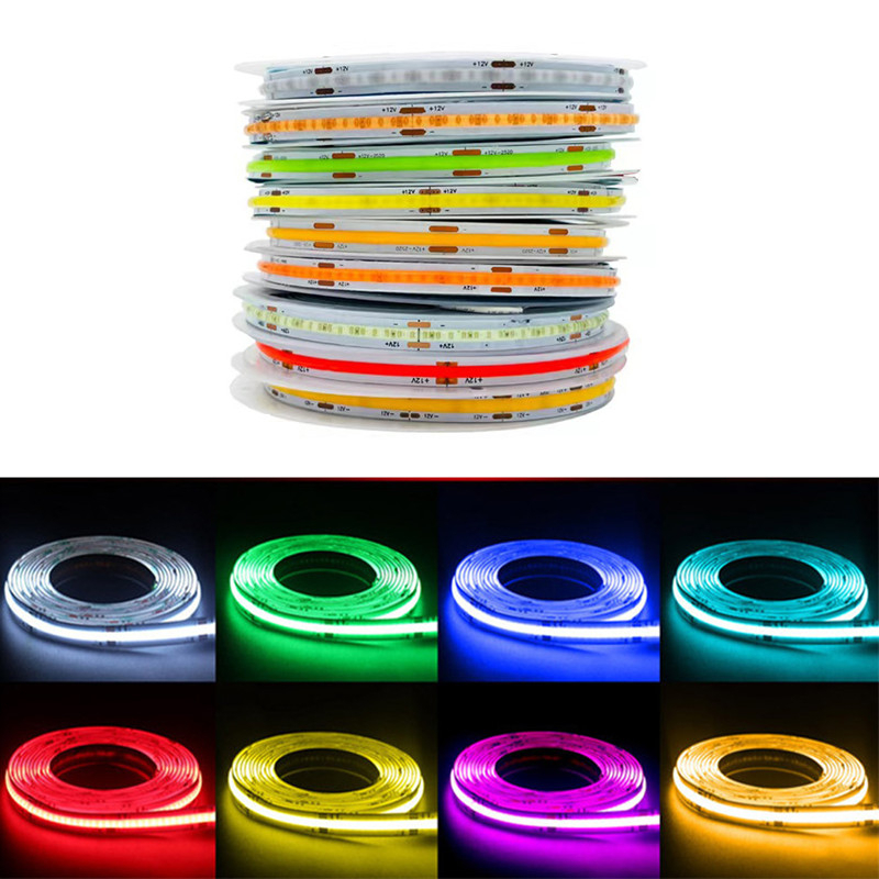 12V 24V COB LED Light Strip High Brightness White Yellow Red Green Blue Flexible Lamp Tape Lights CabinetTV PC Bedroom Home Ceiling