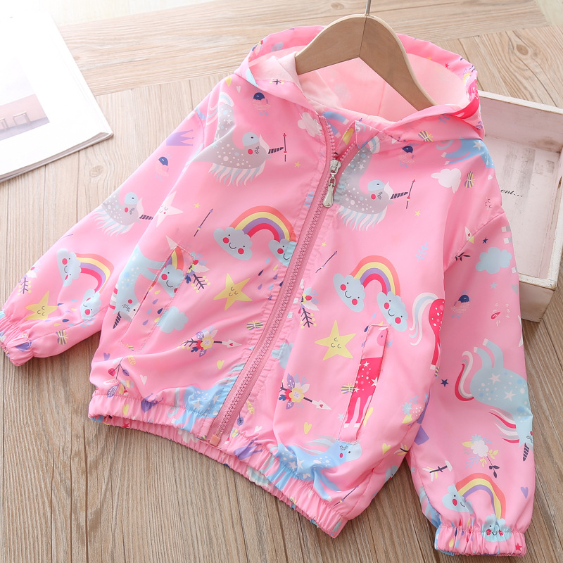 Cute Rainbow Unicorn Girls Jacket Spring And Autumn Hooded Zipper Weatherproof Coat 2-9 Years Old Children's Clothing