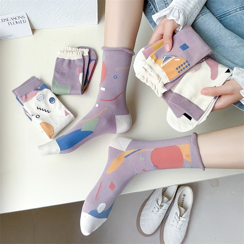 Artistic Gray Painting Women's Crew Socks Cotton Pretty Geometry Mid Calf Socks Novelty School Socks Ladies Pop Crazy Tube Socks