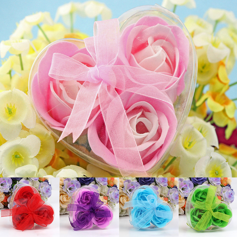 3Pcs Soap Rose Flower Heart-shaped Elegant Texture Floral Scented Bath Soap Rose Valentine's Day Wedding Handy Gift