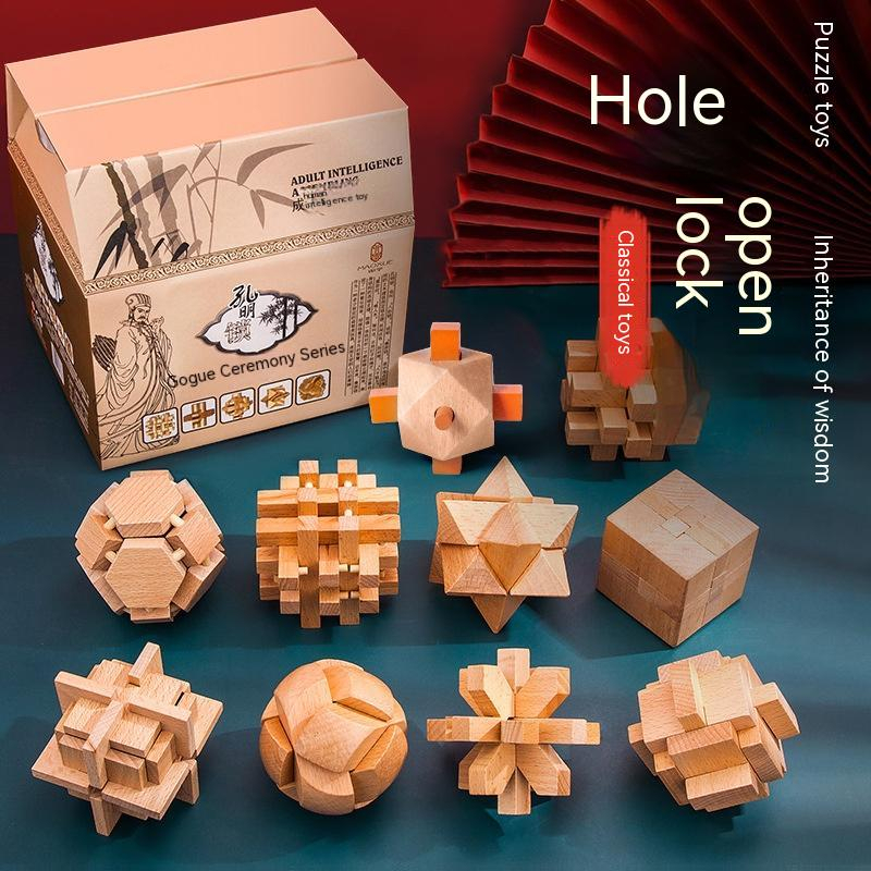 Children's adult puzzle toy Kong Ming lock Luban lock full set of wooden box intelligent resolution rings set elementary school children's puzzle toy 10 sets of children's gift children's day gift