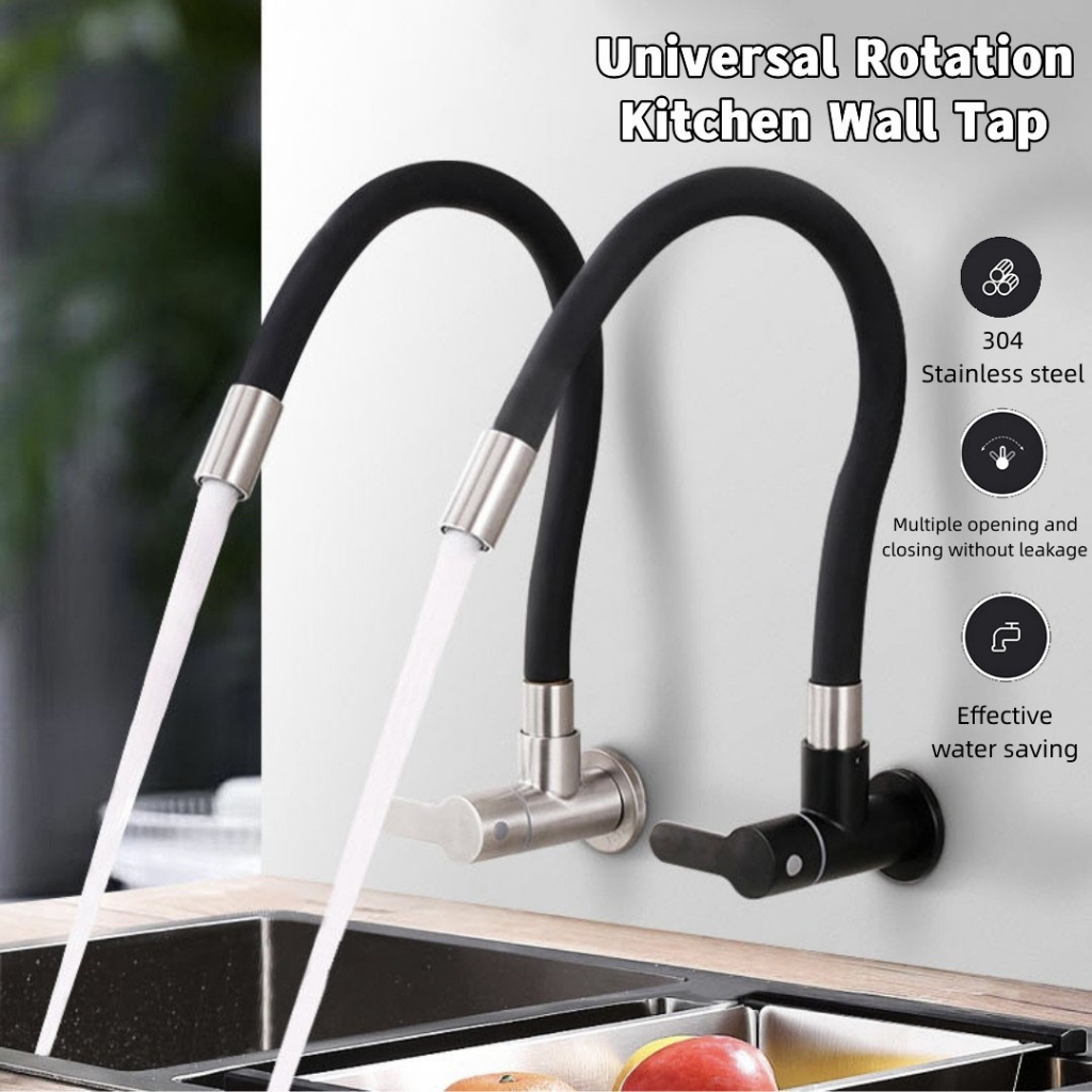 【Ready Stock】 Black Kitchen Sink Faucet Stainless Steel SUS 304 Flexible Rotating Hose Shower Wall Pillar Water Tap黑色入墙式厨房水龙头单冷SUS304不锈钢洗菜盆万向水龙头