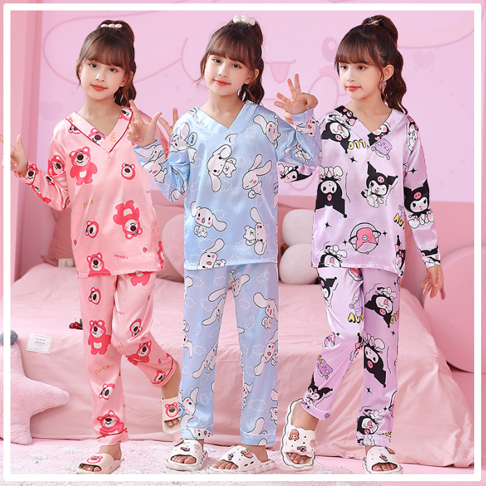 Pyjamas Kids baby girl clothing Sanrio Kuromi Melody Cinnamoroll Girl Sleepwear Cute Cartoon Printing Satin Silk Pajamas set baju tidur budak perempuan 女童套裝