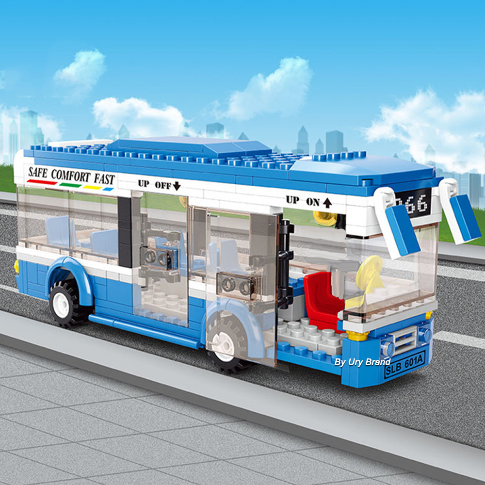 City Car Decker Bus Blue Urban Transportation Vehicle Assembly Blocks Single Educational Toys Building Blocks