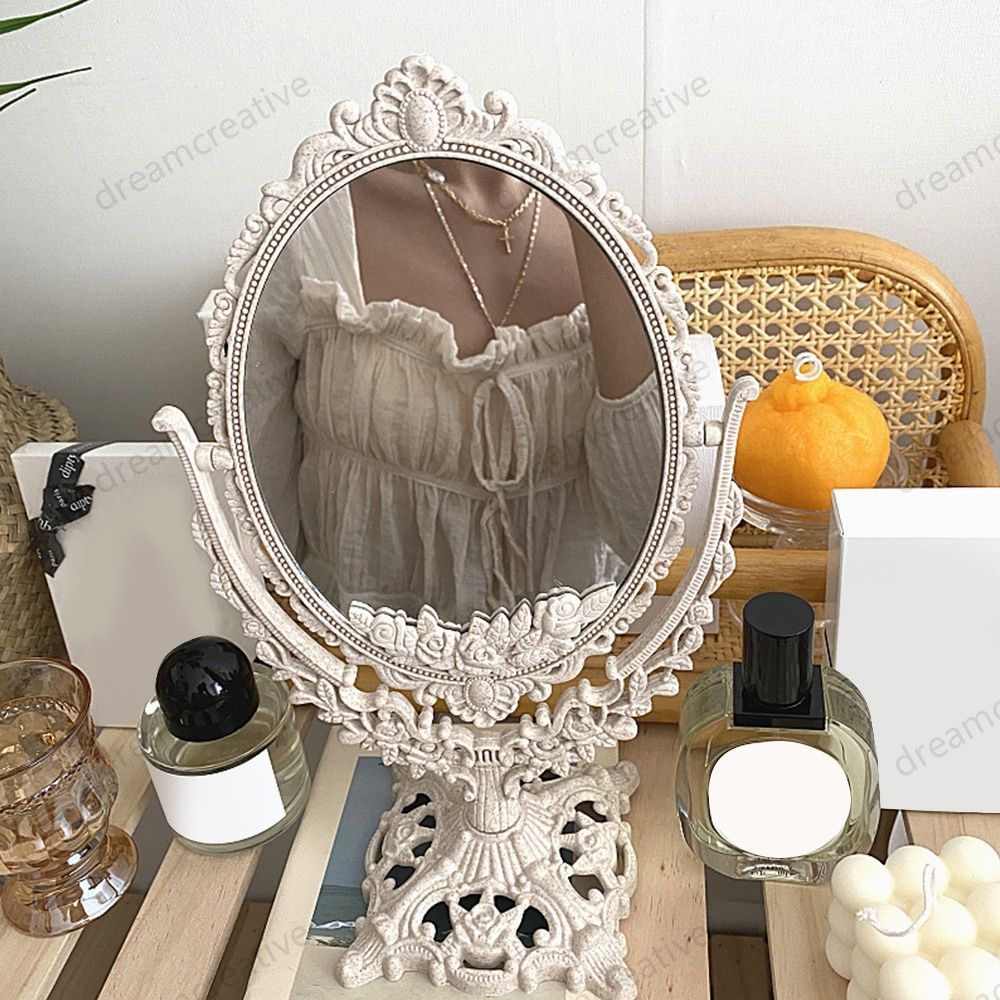 Nordic Vintage Style Double Sided Makeup Mirror Cermin Solek Dua Sisi Decorative Mirror 360° Flip Desktop Vertical Dressing Table Bedroom Mirror Irregular Standing Vintage Engraving Glass Mirrors 化妆镜子 梳妆镜