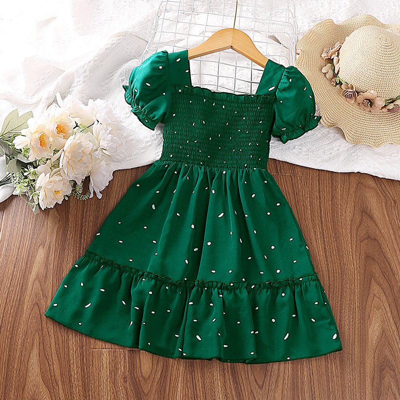 SIYYIS Baju Budak Perempuan Dress 2-6 Years Girls Dress Polka Dotted Green Color Shirred Puff Sleeve Dress Festival Ceremony Birthday Party Dress Baju Baby Girl Dress Baby Girl Princess Dress For Kids Dress Girl