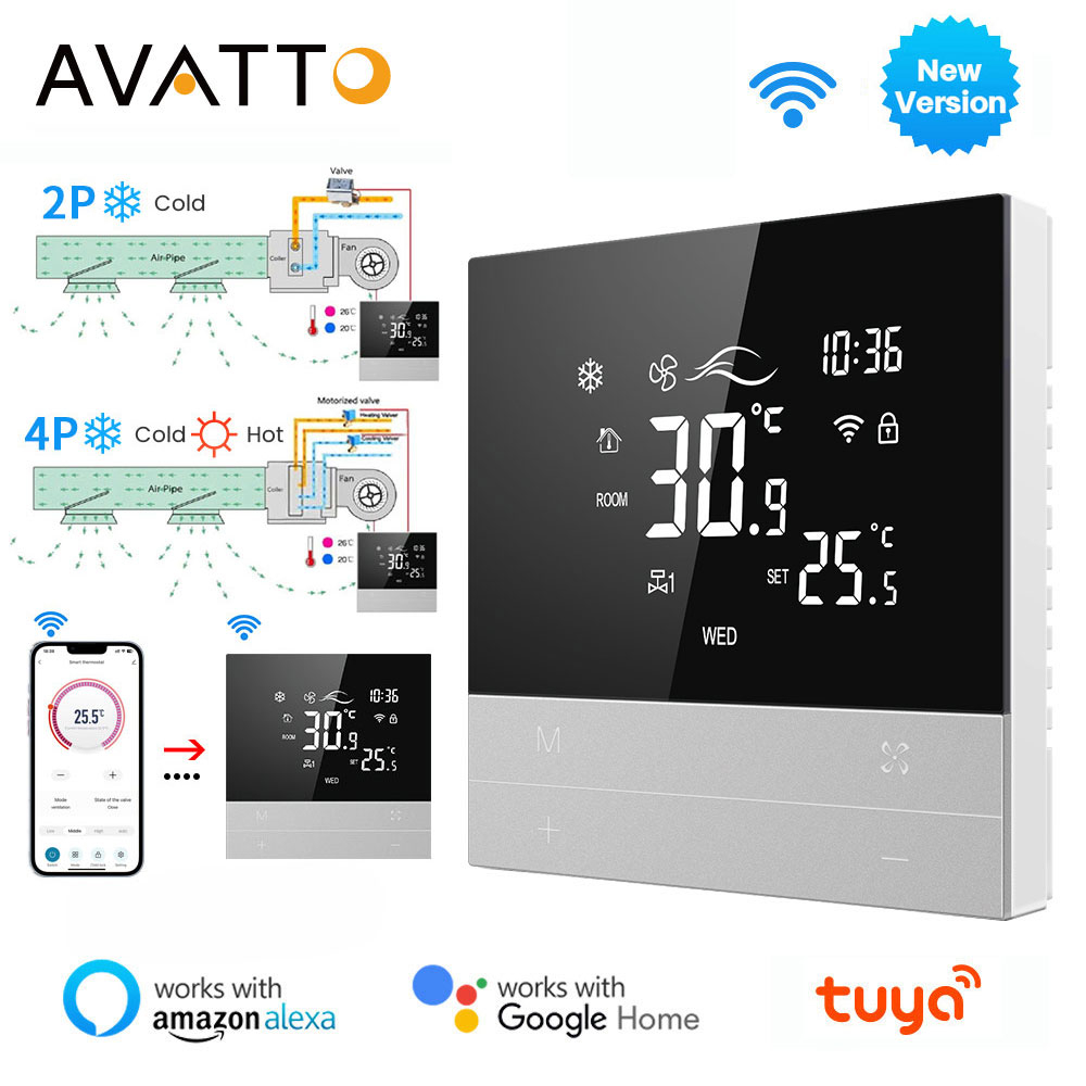 AVATTO Tuya WiFi Smart Central Air Conditioning Thermostat Switch Heating Cool 3 Speed Fan Coil Unit Work With Alexa Google Home