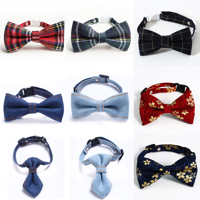 Pet Collar Denim Bow Tie Cat Collar Dog Adjustable Tie Collar Rabbit Bell Pet Accessories Pet Wedding Dress up