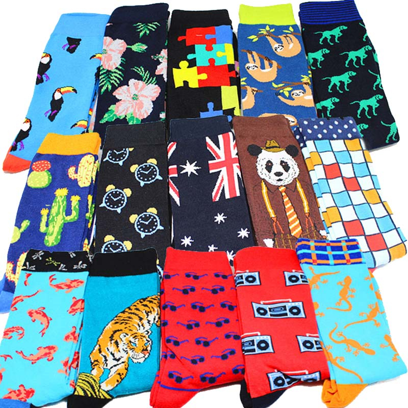 Creative Men's Socks Colorful old tiger cactus Cartoon Combed Cotton Happy Socks Casual Crazy Funny Socks Crazy
