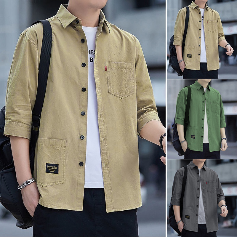 Summer Korean Style Fashion All Match Business Pocket Casual Tooling Three Quarter Sleeve Shirt Men Top Baju Kemeja Lelaki Lengan Panjang