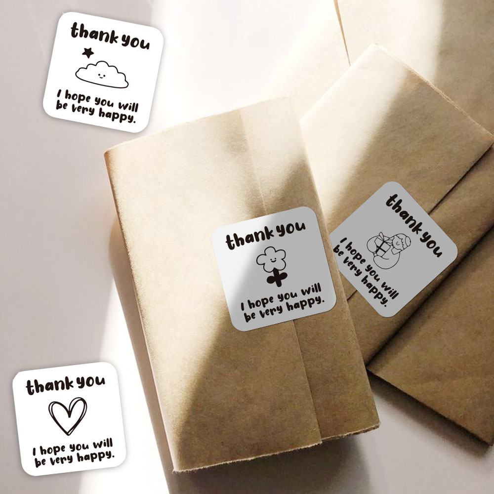 100 Pcs/Pack Cute Cartoon Thank You Stickers Square Sealing Labels "I Hope You Will Be Happy" Gift Packing Decoration Stickers