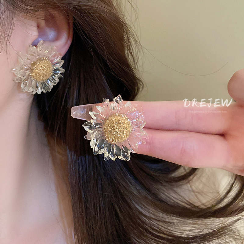 DREJEW Silver needle transparent flower earrings Korean small fresh fashion personality earrings sunflower sweet forest earrings