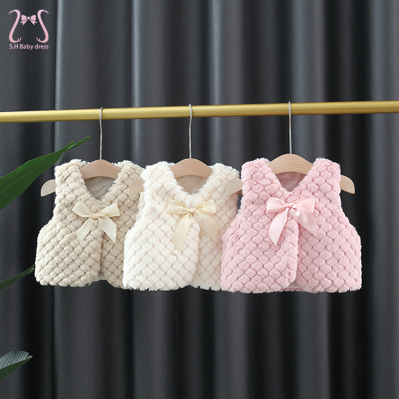 Winter Baby Girl Plush Vest Bow Toddler Children Clothes Fashion Korean Style Warm Kids Waistcoat Costume 0 To 3 Years