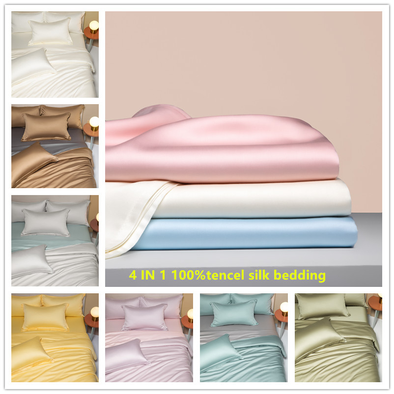 4 IN 1 100%Tencel Silk Bed Sheet Set Queen/King Size Luxury Smooth Bedding Set Quilt Cover Fitted Sheet/Flat Sheet