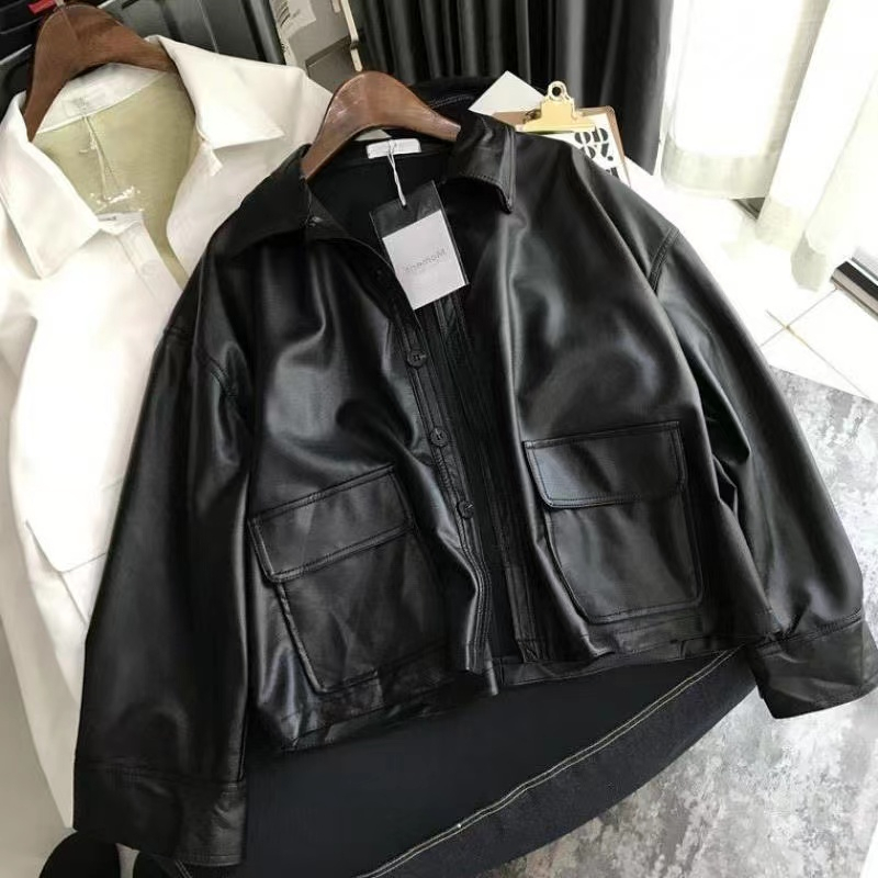 Women Fashion PU Leather Jacket Black Outwear Women's Loose Coat Ready Stock New