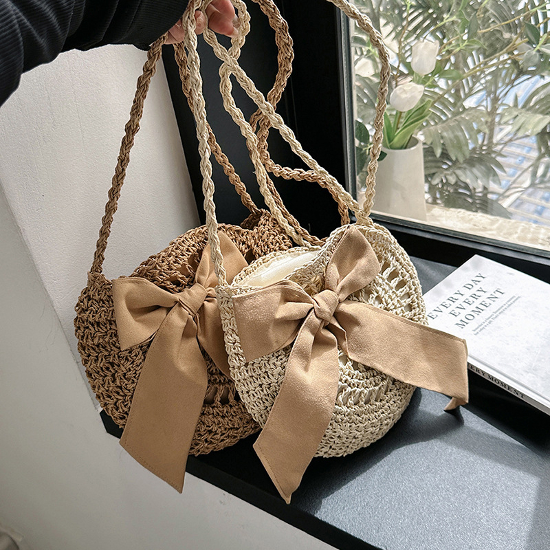 Women Bow Decor Straw Summer Beach Shoulder Bags Rattan Woven Fashion Knitting Crossbody Bag