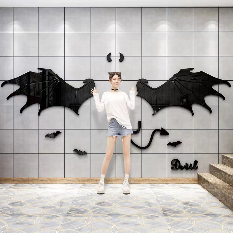 Internet celebrity check-in background angel wings devil wings wallpaper 3d three-dimensional acrylic wall stickers manicure milk tea shop decoration photo area layout