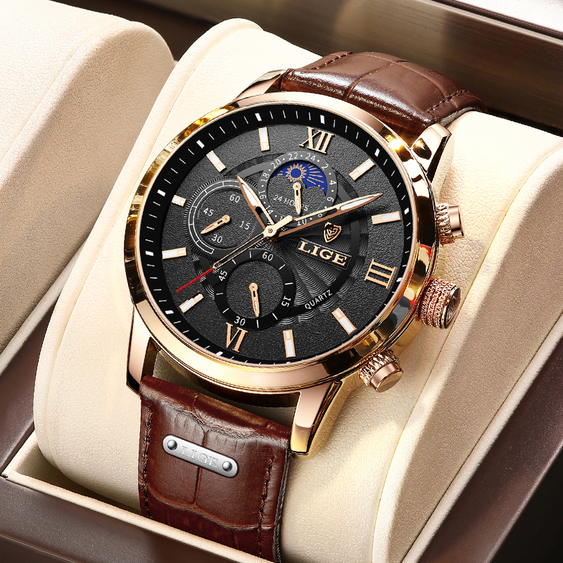 LIGE Men Watches leather strap sports waterproof wristwatch chronograph quartz jam tangan lelaki + box