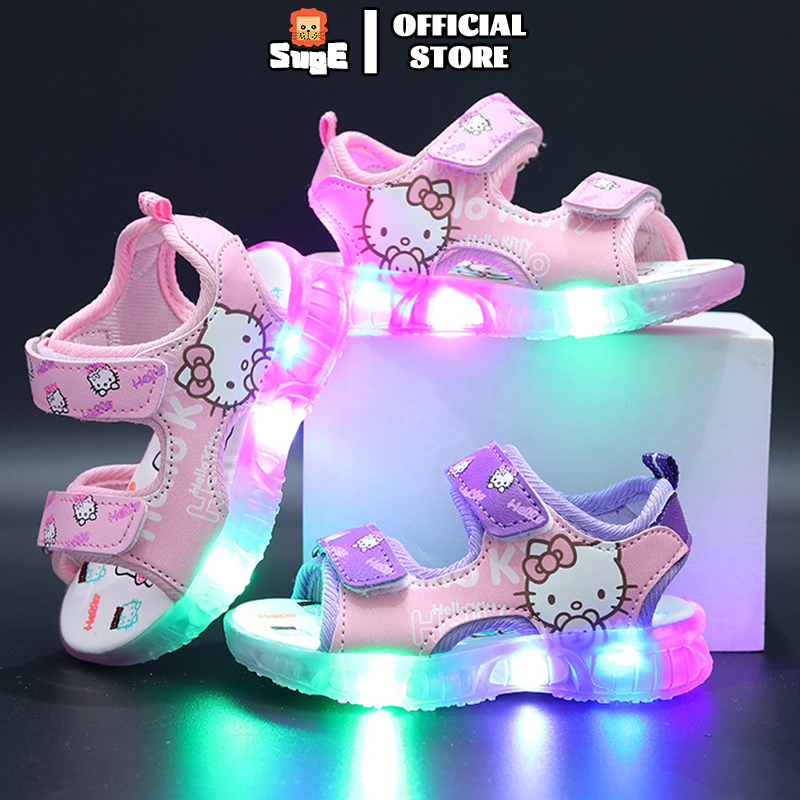 SUGE sandal kids girl Cartoon Hello Katty LED Sandals Fashion Beach Glowing Kids Pink Purple sandle budak perempuan Casual Kuromi Shoes