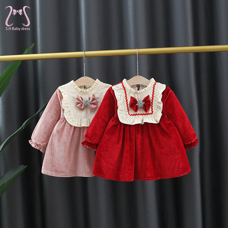 Spring Baby Girl Sweet Bow Children Clothes Retro Palace Style Birthday Party Evening Dress Kids Costume 0 To 3 Years Toddler