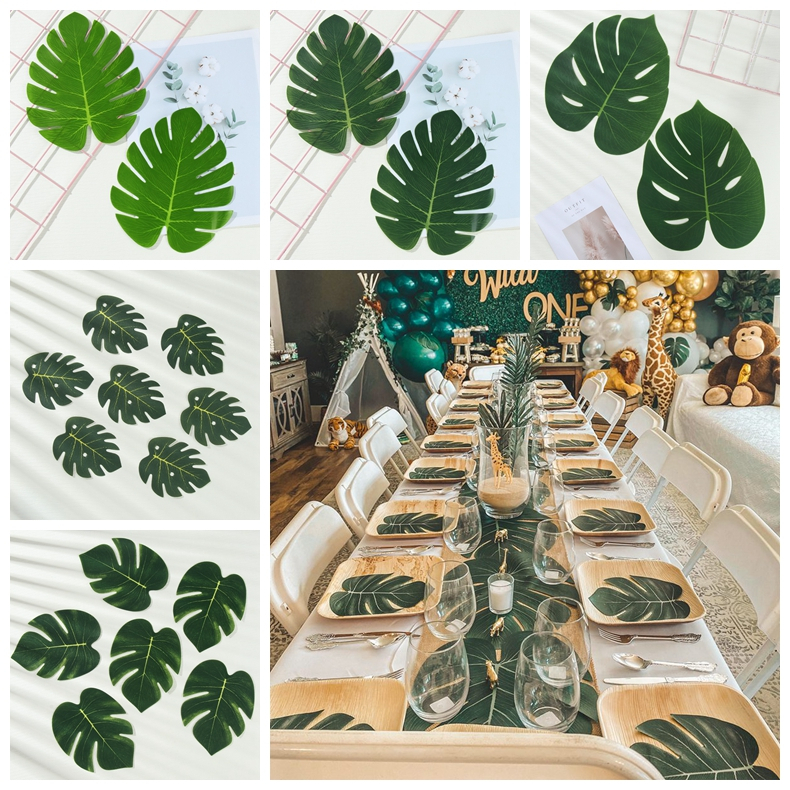 24PCS Plastic Artificial Palm Leaves Decor Artificial Plant Wedding Decoration Center Dinner Table Decor Tropical Fake Plants Safari Theme Party Decorations Wall Design Home Decor