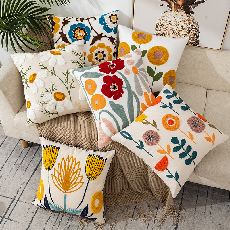 Canvas Embroidered Throw Pillow Case 45*45cm Cotton Floral Pillowcase Home Sofa Cushion Office Waist Rest Cover