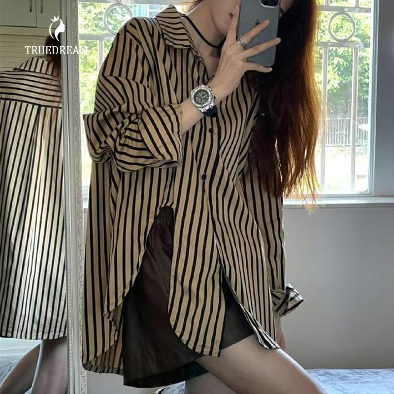 Blouse Women Plus Size Korean Style Vintage Simple Collared Long Sleeve Casual Loose Button Striped Shirt Baju Wanita Lengan Panjang Kemeja