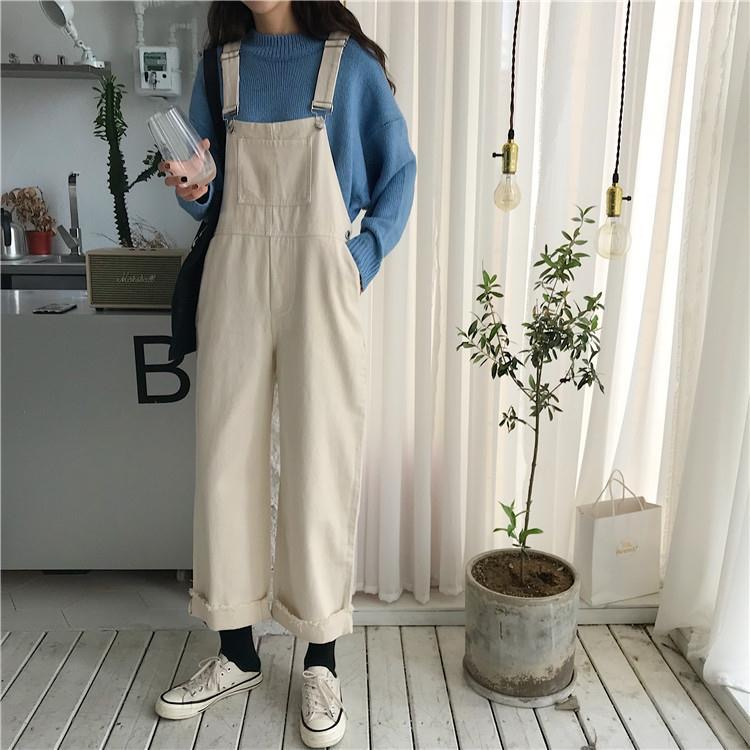 Qike Denim Overalls Women's Korean Style High Waist Slim Straight Wide Leg Jumpsuit