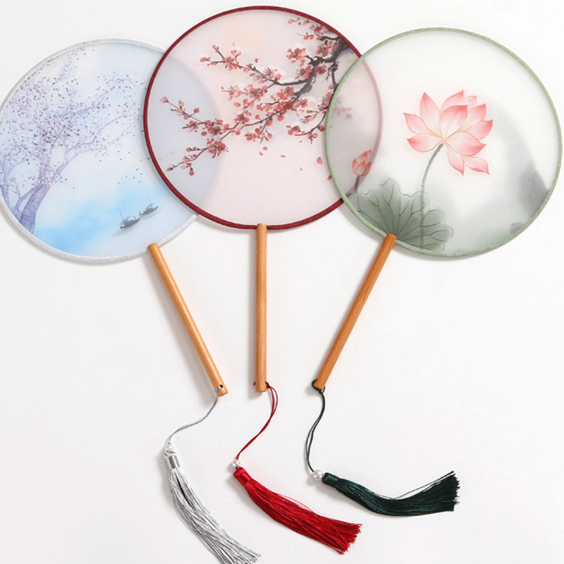 Tassel Small Round Fan Chinese Style Silk Hand Fan Wedding Party Dance Home Decoration Craft Gift