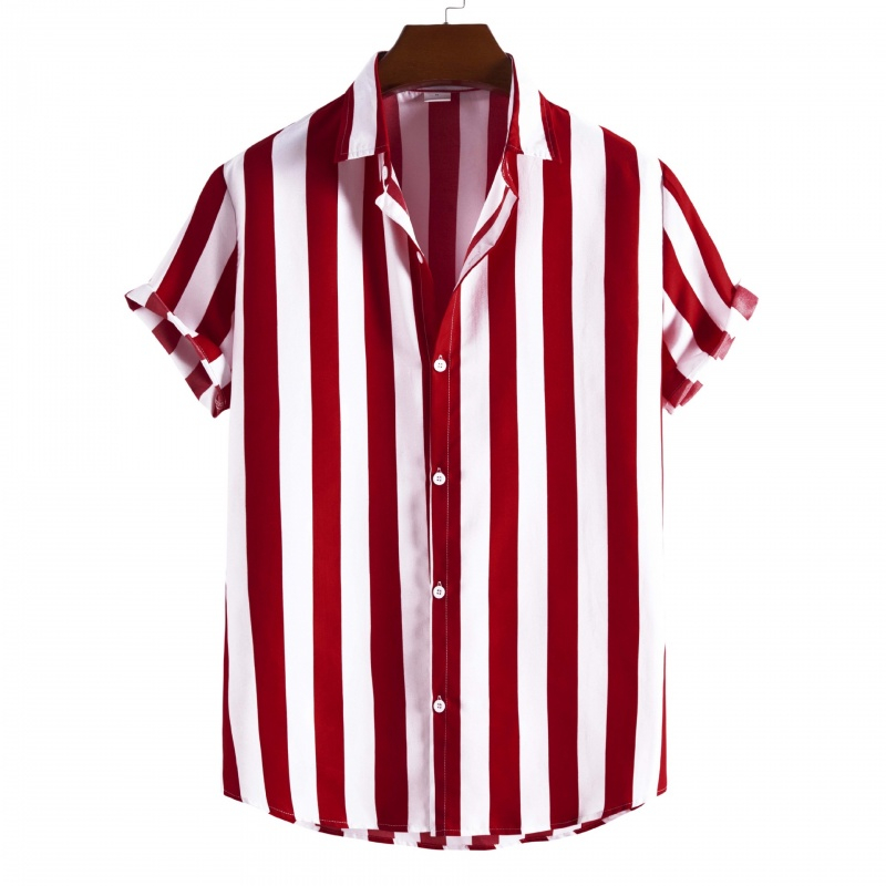(Oufisun 5 Day Delivery） [Hot] Summer Men's Shirt Loose Leisure Hawaiian Beach Party Stripe Short Sleeve Baju Lelaki Kemeja European Size