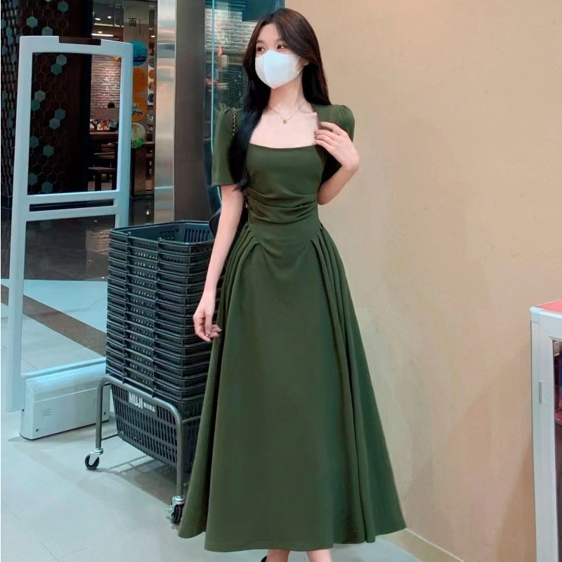 Korean version simple solid color square neck dress, new summer retro slim fitting mid length skirt